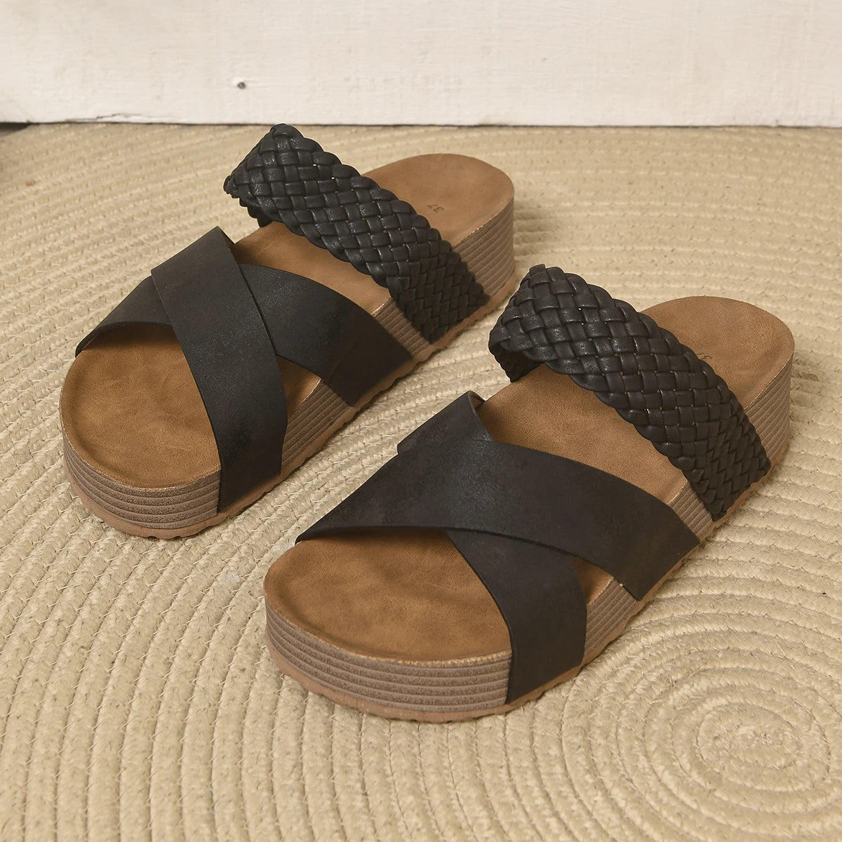 Women Woven Crisscross Wedge Slide Sandals Open Toe Platform Slip‑On Summer Casual Non‑Slip Comfort Beach Walking Slippers