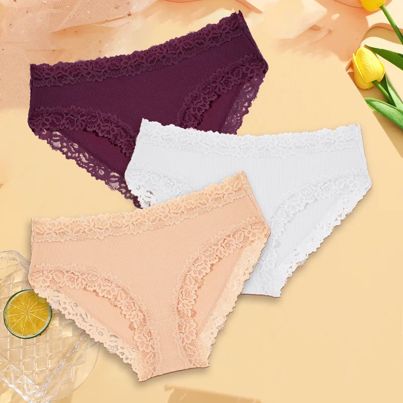 3PCS Sexy Lace Cotton Pants Women Low Waist Panties Underwear S-XL Solid Color Ladies Briefs Lingere Underware Comfortable Women