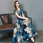 Summer Women Dress Floral Print A-line Big Hem High Waist Short Sleeves Round Neck Pleated Mid-calf Length Party Commute Dress