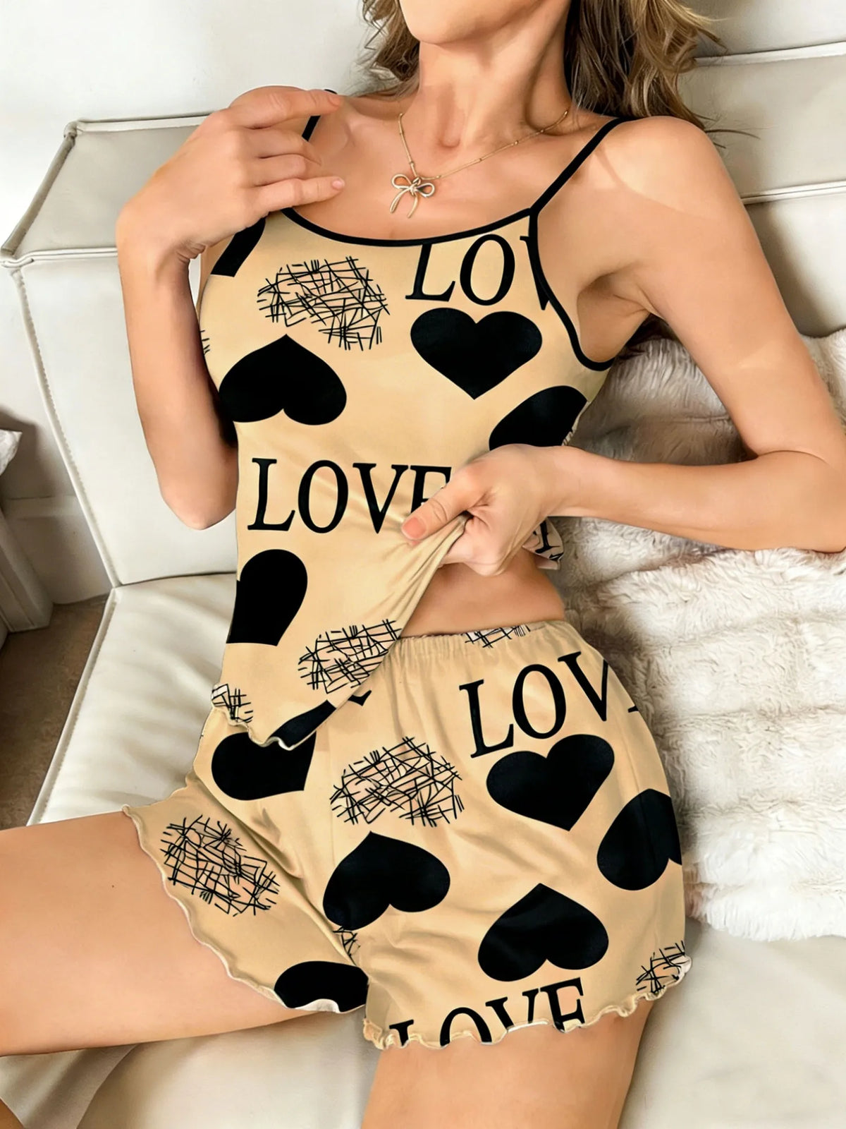 Women's Pink Heart LOVE Print 2 Piece Pajama Set, Spaghetti Strap Cami Top and Ruffle Hem Shorts, Summer Loungewear