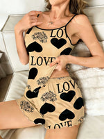 Women's Pink Heart LOVE Print 2 Piece Pajama Set, Spaghetti Strap Cami Top and Ruffle Hem Shorts, Summer Loungewear