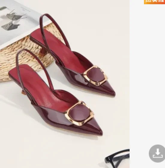 Large Size 35-43 Pointy Toe Burgundy Kitten Heels Slingback Women Summer Pumps Elegant Square Buckle Sandal OL Office Lady Shoes