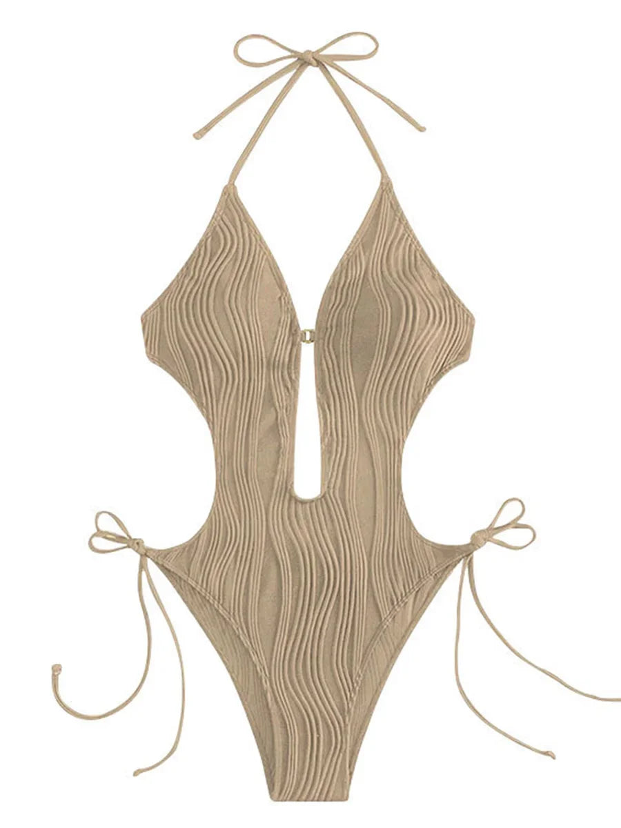 Sexy Halter V Neck Wrinkled Female Swimwear One Piece Swimsuit Women Backless Monokini High Leg Cut Bathing Suit Swim Beach Wear