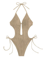 Sexy Halter V Neck Wrinkled Female Swimwear One Piece Swimsuit Women Backless Monokini High Leg Cut Bathing Suit Swim Beach Wear