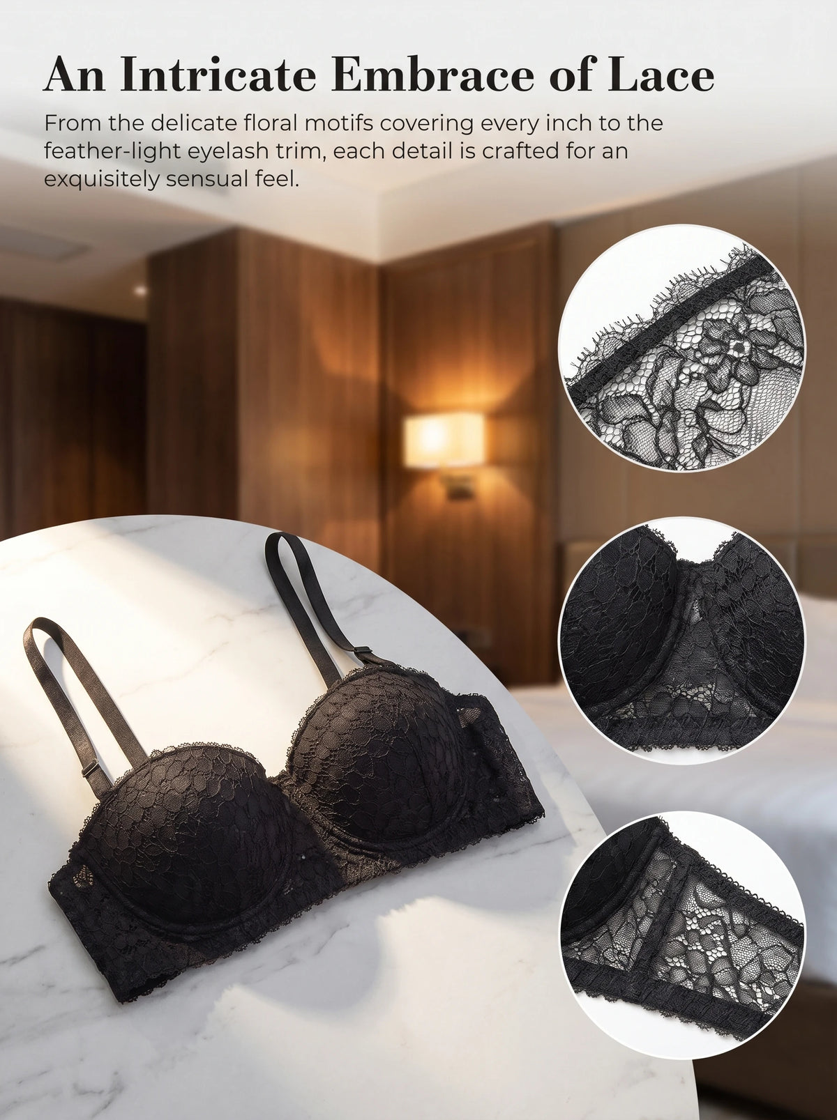 Women Black Lace Bra Half Cup Sexy Floral Embroidery Eyelash Trim Sensual Underwear Push Up Balconette Lingerie A3115