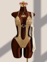 Sexy Blue Brozing Gradient One Piece Swimsuit Holiday Swimwear Women 2026 Metal Chain Hollow Out Backless Bandage Thong Bikini