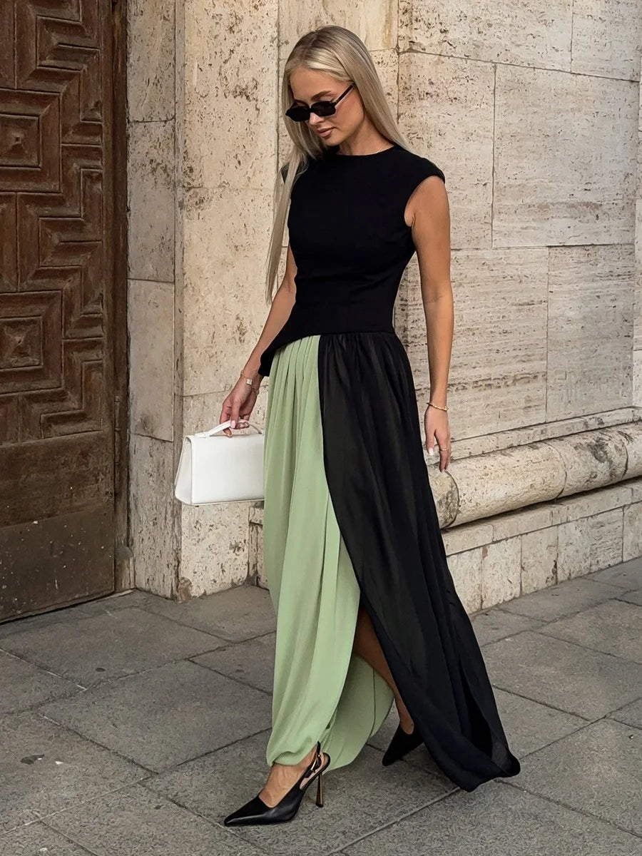 FDYOUI Elegant Solid Color Pleated Skirts for Women 2026 Chic High Slit Long Skirt High Street Office Lady Vacation Party Dress