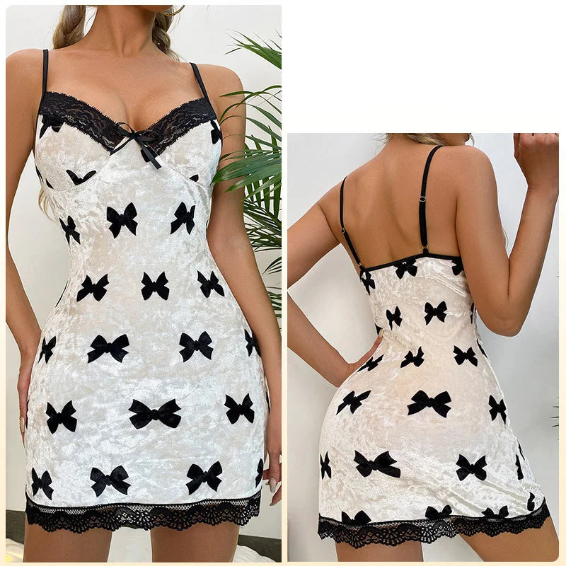New Women's Nightgown with Bow and Velvet Suspender Printed Lace V-Neck Dress Lingerie Sweet and Cute Sleepwear Home Wear Hot
