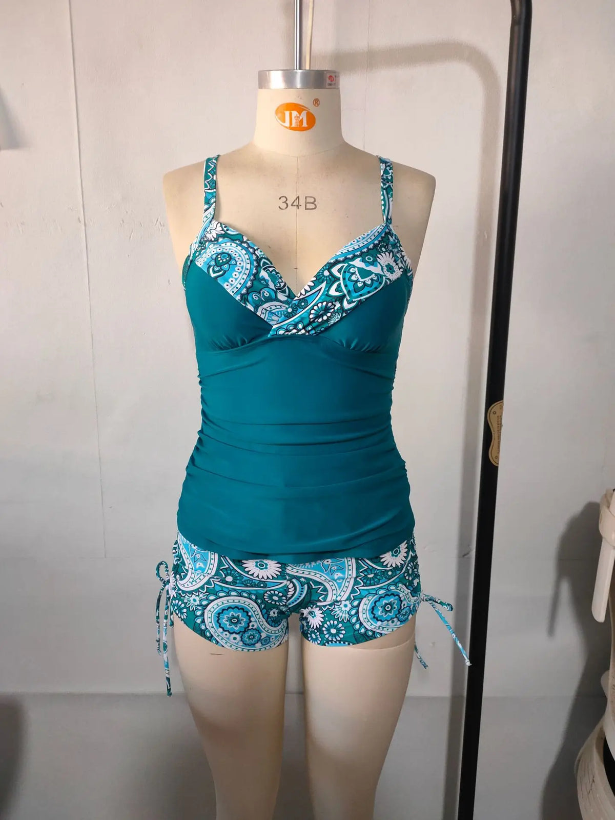Vintage Blue Floral Print Tankini Set 2026 Swimwear Women V Neck Tank Top Drawstring Side High Waist Shorts Two Piece Swimsuit