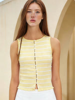 Women’s Summer Slim Fit Vest Striped Print Tank Tops Trendy Sleeveless Scoop Neck Button Down Tops