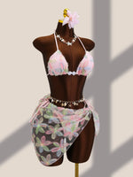 Sexy Pink Floral Embroidery Bikini Set 2026 Women Push Up Bra Triangle Swimsuit Holiday Bathing Suit Cover Up 3 Piece Swimwear