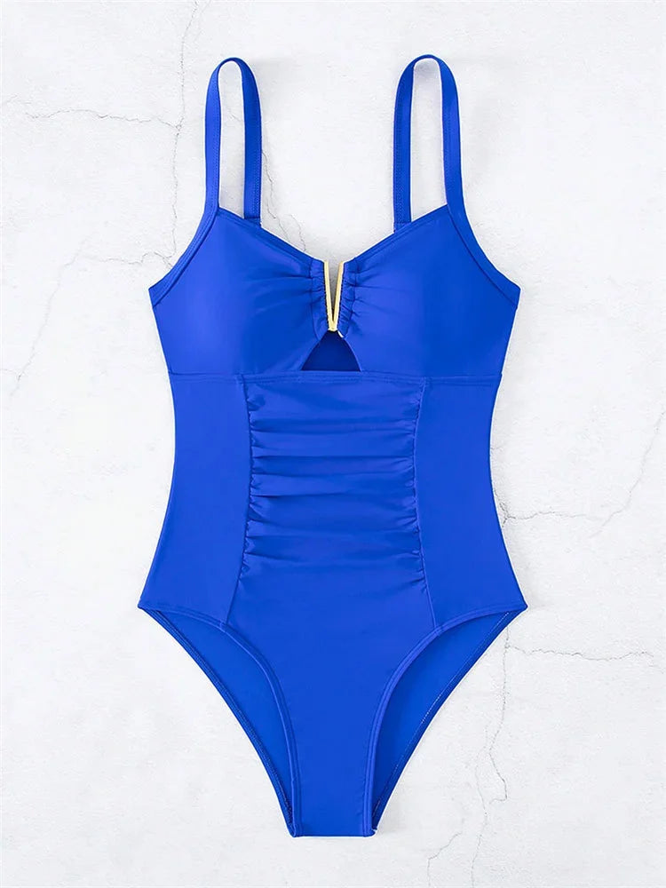 Sexy V Neck One Piece Swimsuit 2025 Mujer Women Black Hollow Out Pleate Tummy Control Swimwear Beach Bathing Suit Slim Monokini
