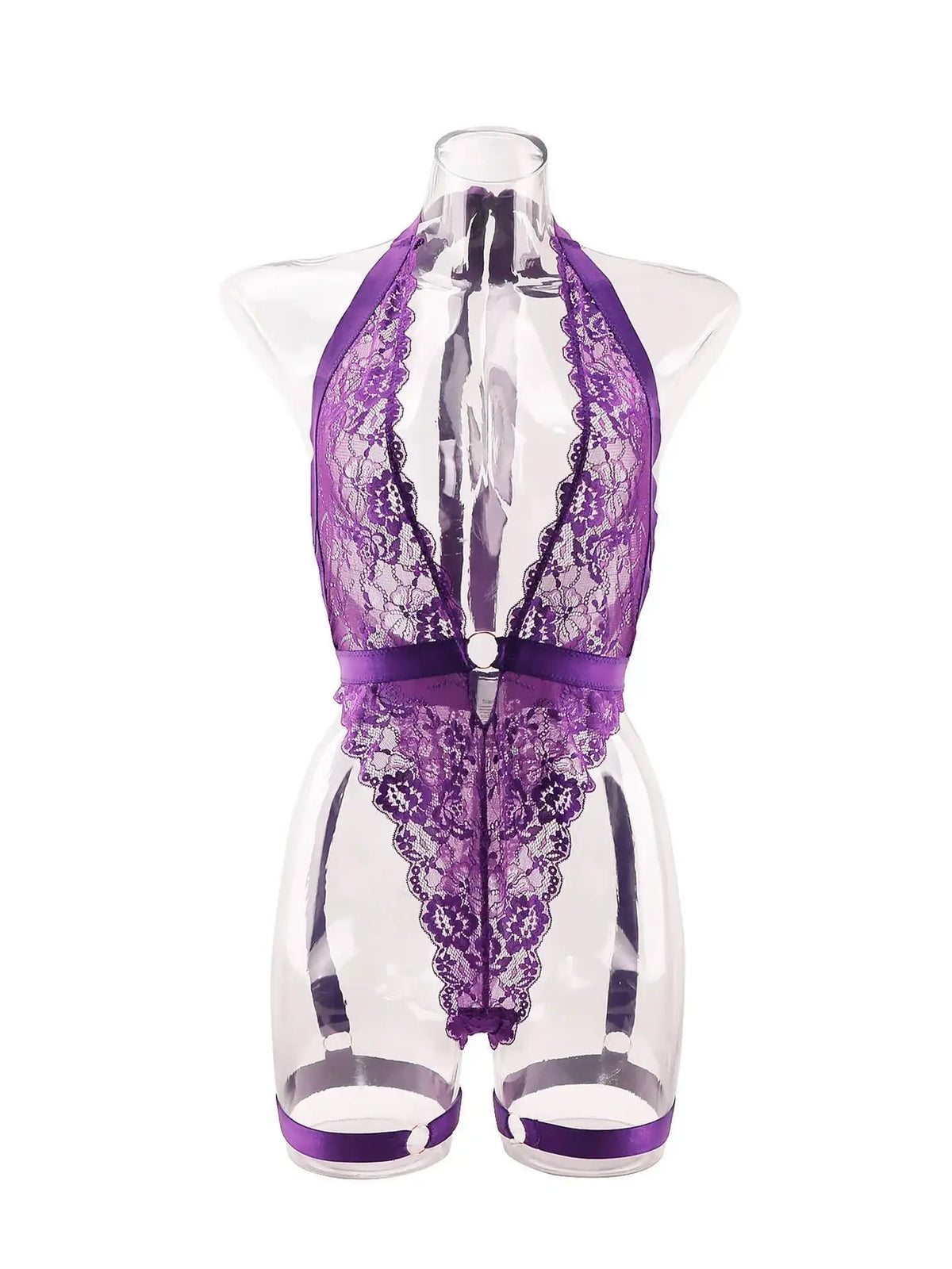 New Purple Sexy Lace Bodysuits Deep V Neck Halter Mesh Solid Color Bodysuits CharmingPure Desire Transparent Flower Print OOB5