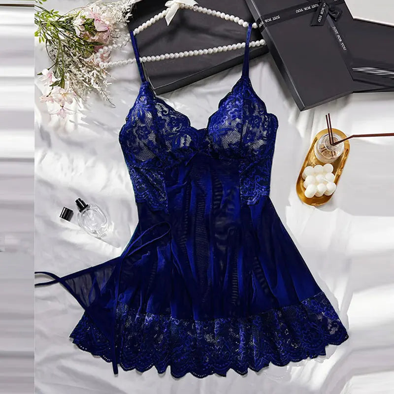 Summer Sleep Shirts Sexy Lingerie Women Mesh Nightgown Exquisite Ultra-thin Lace Embroidery Pajamas Hot Sleepwear With Thongs
