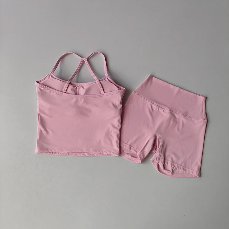Women's Slim Shoulder Yoga Vest High Waisted Waist Hugging Naked Yoga Three Part Shorts Exercise Set Popular Fitness Clothing