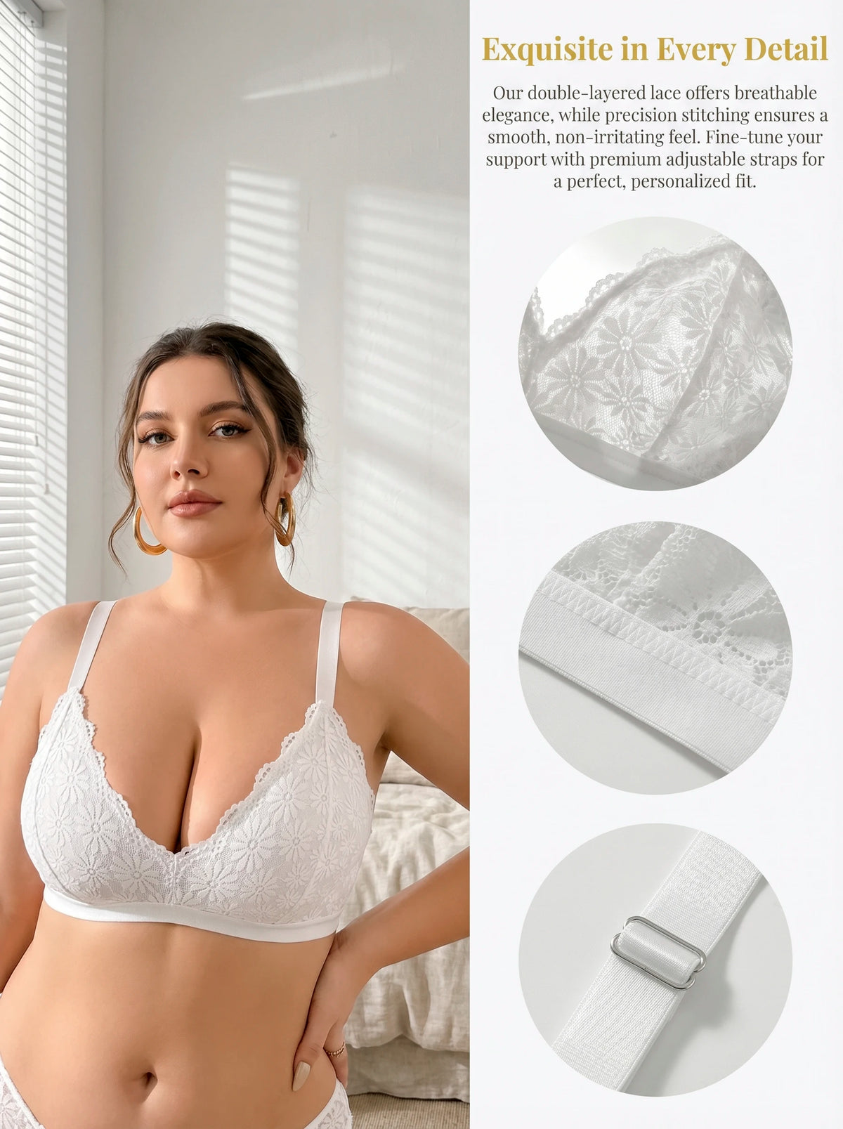 Plus Size Wireless Bra White Double Layered Lace Bralette Women Breathable Soft Full Coverage Comfort Everyday Lingerie MR3083
