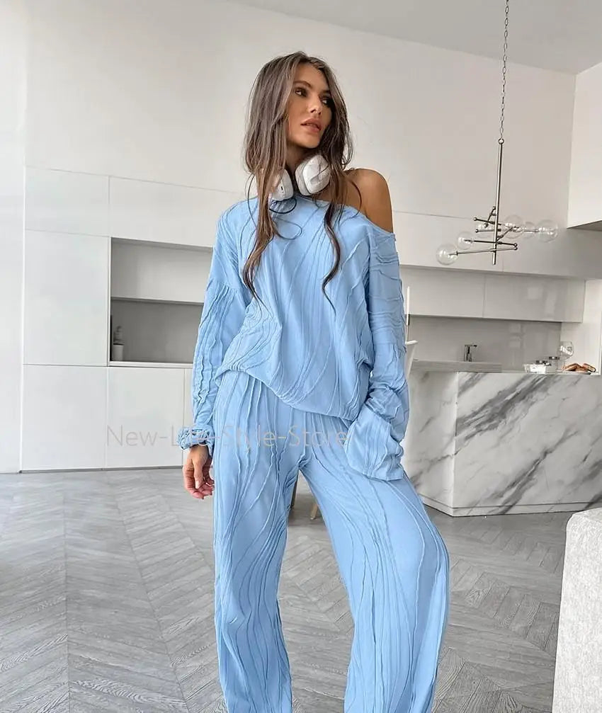 Women 2026 European Winter Knit Pajama Set Loose Comfortable Long Sleeve Pants Two Piece Ladies Homewear Sleepwear Loungewear
