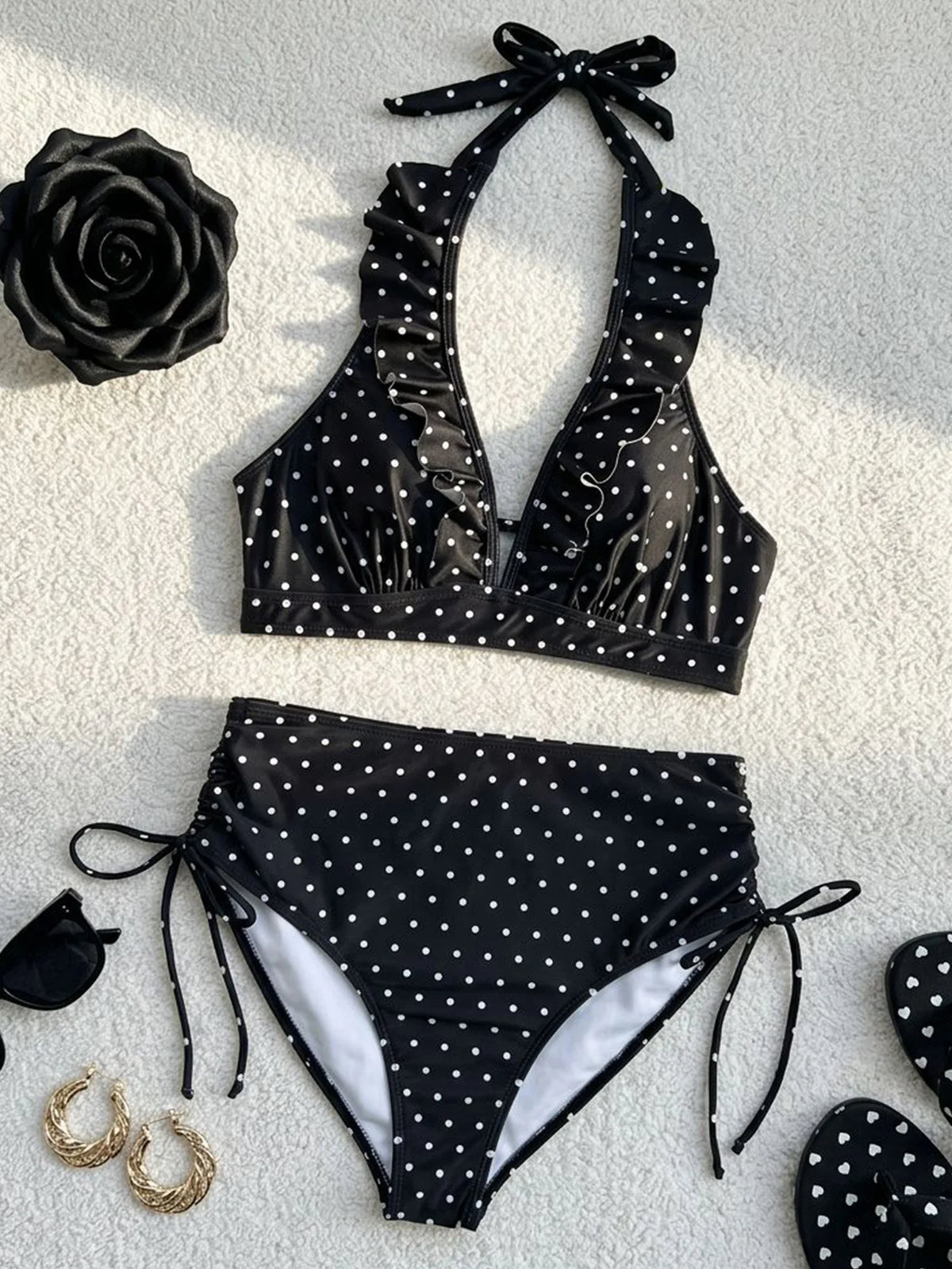 Black Polka Dot Print Bikini Set Women Ruffles V Neck Push Up Bra Drawstring Side High Waist Swimsuit 2026 Bathing Suit Swimwear