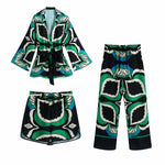 Foridol Oversized Green Print Boho Women Shorts Sets Shirts Shorts Pants Three Pieces Fashion Suits Matching Sets 2025 Summer