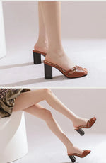 Summer New Fashion Open Toe Solid Color Simple Leather Surface Versatile Color Large Slippers Square Heel Shoes Women