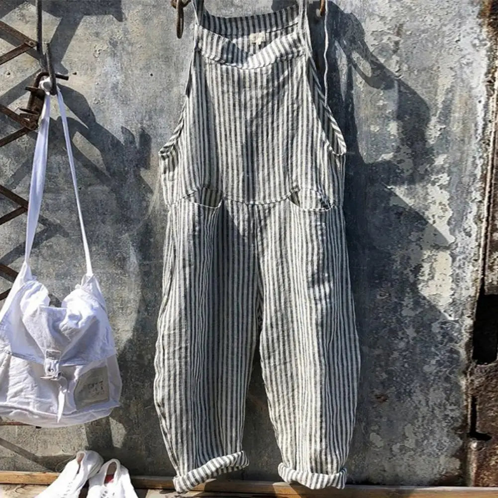 Casual Striped Print Sleeveless Jumpsuit Sling Big Pockets Wide Leg Summer Jumpsuit Women Female Clothing