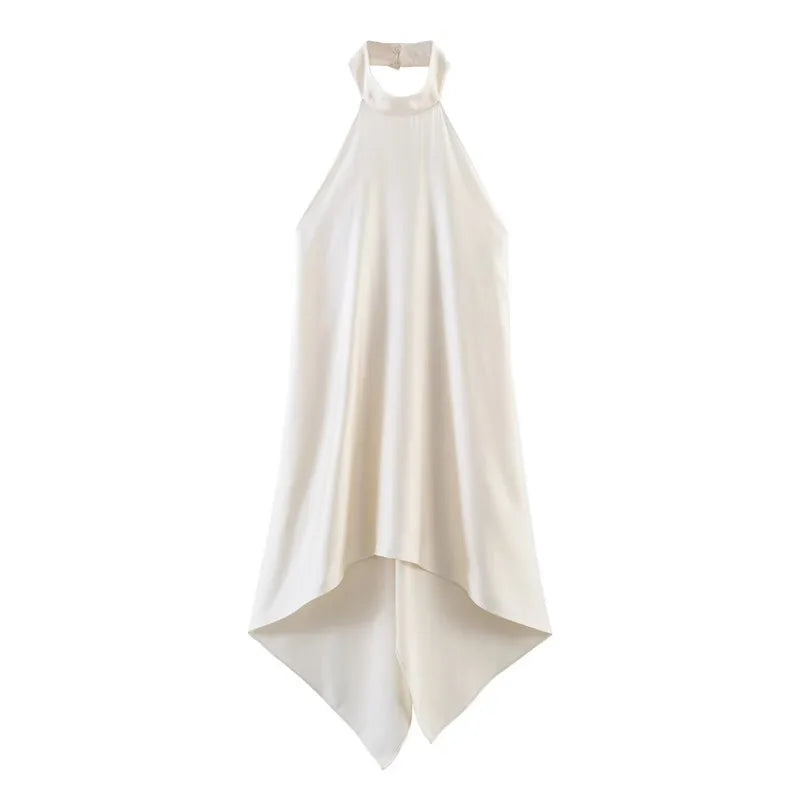 Women's Fashion Backless Halter Top Cream White Halter Neck Hem Sleeveless Dress Elegant Dress For Women Pure Desire Casual UBK6
