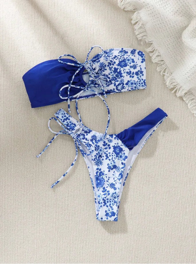 New Sexy Floral Print Bandeau Bikini 2024 Women Swimwear Female Swimsuit Two Pieces Thong Bikini Set Bather Tie Bathing Suit