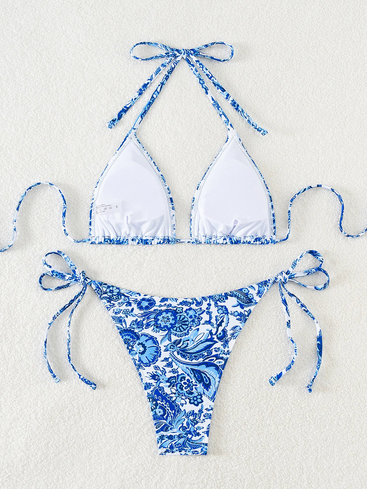 Blue Floral Print 2 Piece Micro Bikini Set for Women 2025 New Push Up Bra Thong Swimsuit Beach Bathing Suit Holiday Swimwear
