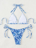 Blue Floral Print 2 Piece Micro Bikini Set for Women 2025 New Push Up Bra Thong Swimsuit Beach Bathing Suit Holiday Swimwear