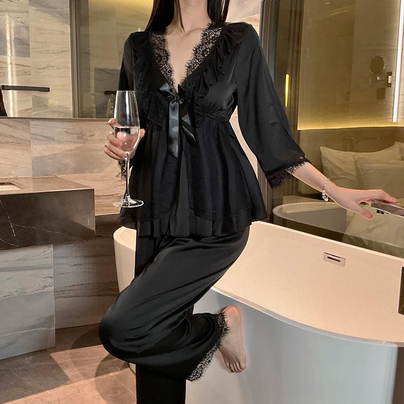 Women's Lace Satin Home Sleepwear Set Deep V Sweet Lace Top and Pants Two Pieces of Home Clothes Big Size White Black Purple