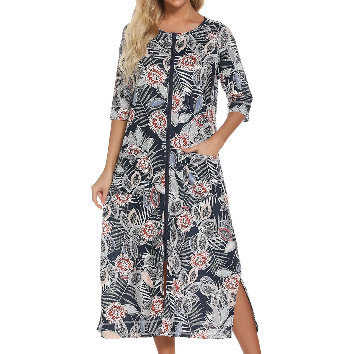 Summer Dresses For Women 2024 Zipper Front Robe Half Sleeve Bathrobe Full Length Soft Cotton Duster Dress With Pockets Home Wear