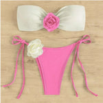 Sexy Bikini Set 2025 Bandeau 3D Flower White Black Contrast Push Up Micro Swimsuit Brazilian Cut Out Bathing Suit Thong Swimwear