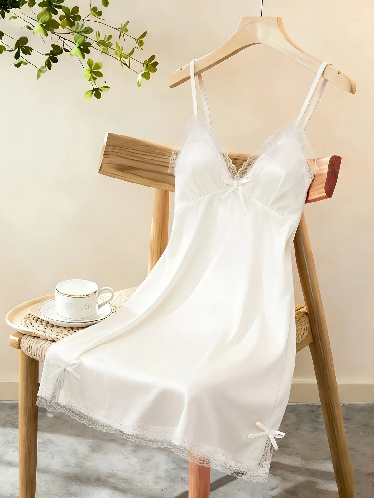Women Satin Nightdress Lace Trim Slip Dress Spaghetti Strap Silky Nightgown Elegant Sleepwear Home Lingerie