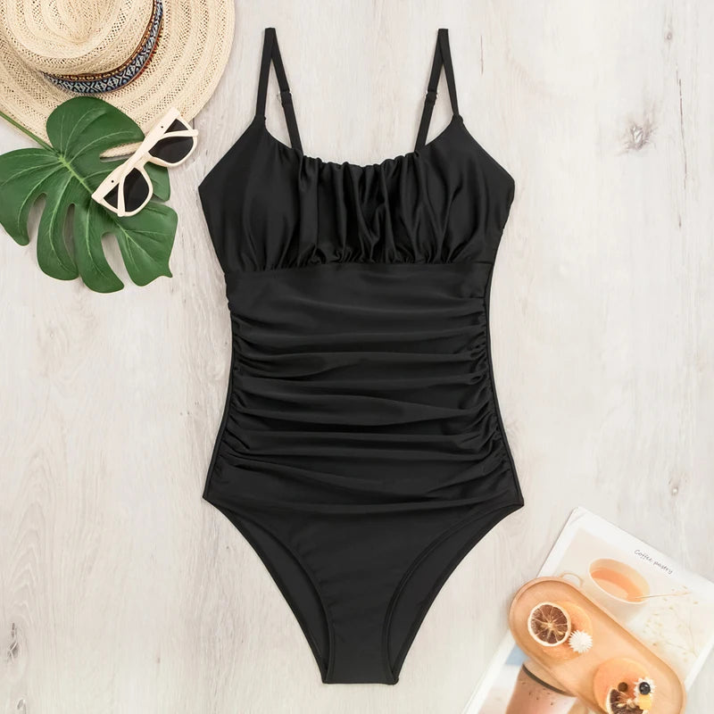New Solid Black One Piece Swimsuit for Women Sexy Wrinkle Slim Pleate Tummy Control Swimwear Beach Bathing Suit Holiday Monokini