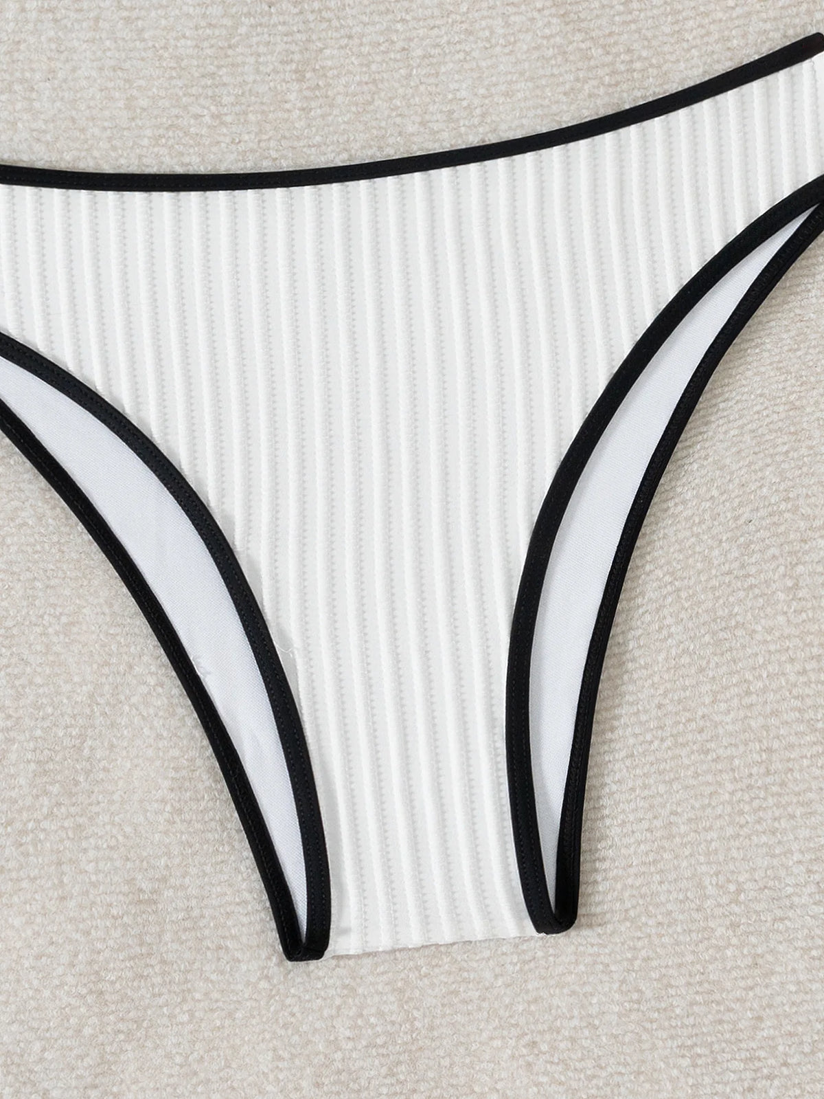 2025 Rib Piping Bandeau High-Rise Bottoms Bikini Set Trendy Beachwear Straight Neckline High Rise Swimwear Swimsuit Bathing Suit