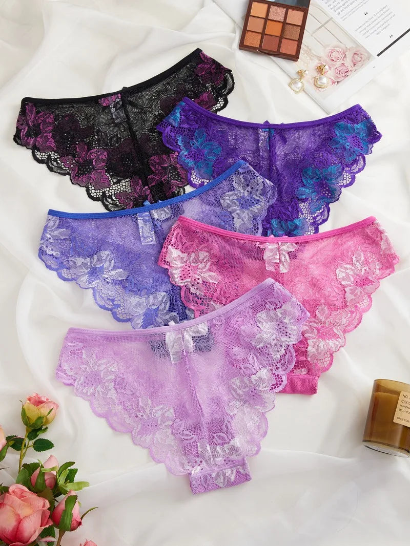 5pcs Lace Sexy Women Panties Mid Waist Perspective Floral Ladies Briefs Breathable Comfortable Female Underwear