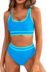 Women's High Waisted Bikini Sets 2026 Sporty Two Piece Swimsuits Color Block Cheeky High Cut Bathing Suits Summer Biquini Black