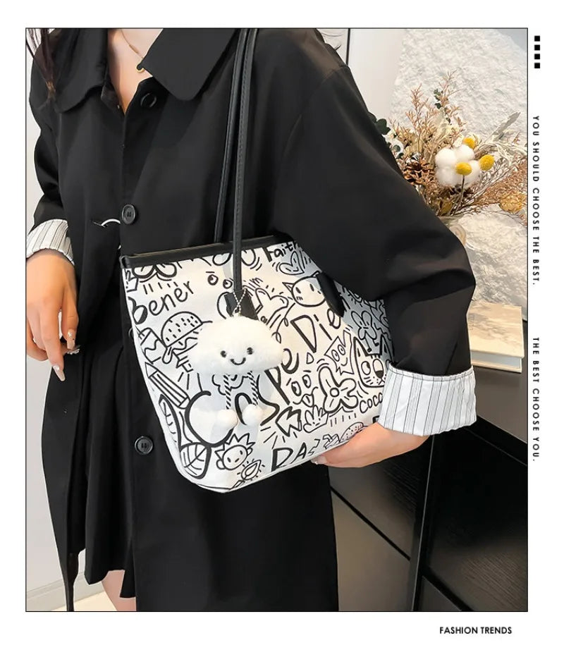 Large Capacity Printed Tote Bag, Fashion and Versatile Casual Single Shoulder Handbag with Pendant, College Style Women's Bags