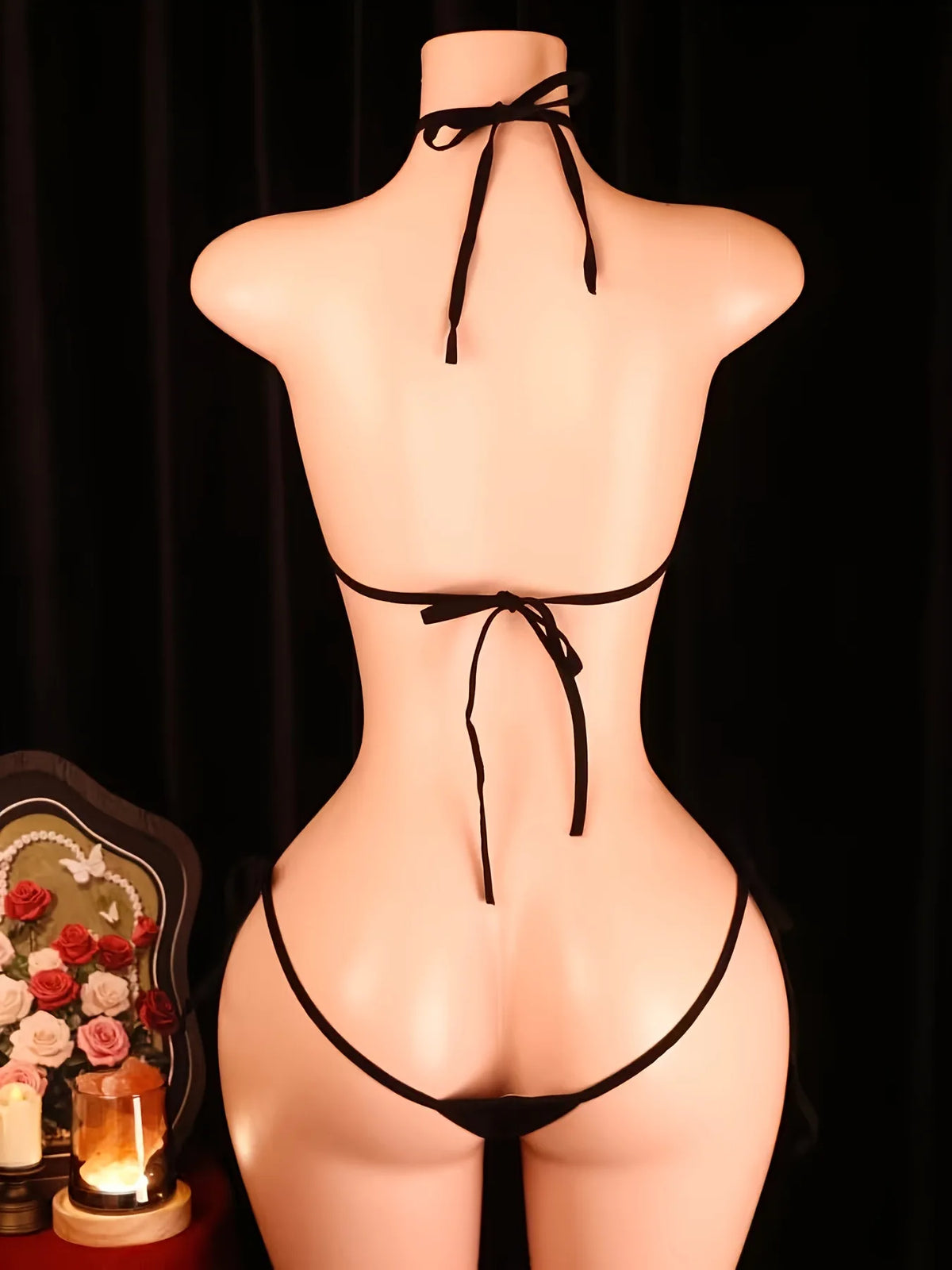 Women Black Cutout Bodysuit Lingerie Halter Neck Backless Teddy Tie Side Strappy One Piece Nightwear Party Outfit