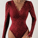 Sexy White Lace Bodysuit Women Solid Color Long Sleeve Sheer Corset Top Autumn Ruffles V Neck See Thourgh Slim Fit Jumpsuit