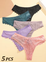 5PCs/Set Sexy Lace Thongs for Women Solid G-String Panties Floral Perspective Underwear Female Soft Breathable Women Lingerie