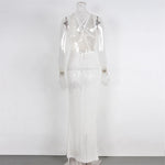 S - XL V Neck Slit Long Dress Sexy Mesh Backless Knitted Crochet Tunic Beach Cover Up Cover-ups Beach Dress Beachwear V3767B