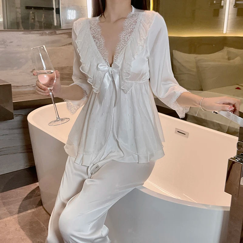 Women's Lace Satin Home Sleepwear Set Deep V Sweet Lace Top and Pants Two Pieces of Home Clothes Big Size White Black Purple