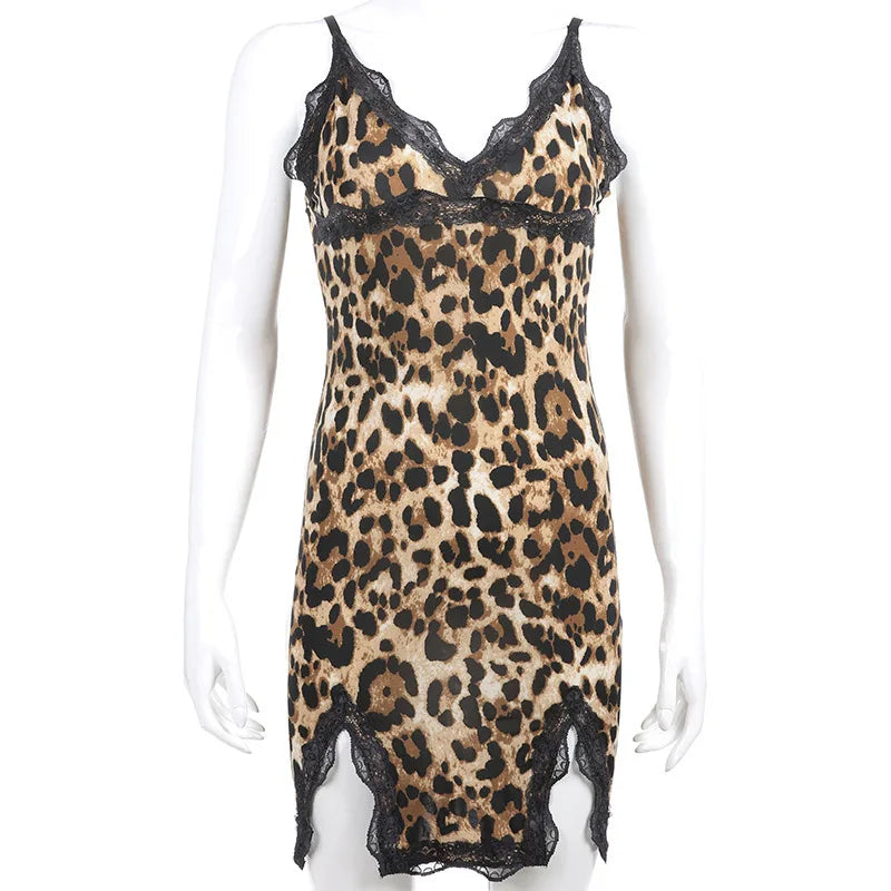 Lace Trim Leopard Nightdress V Neck Backless Side Split Slip Sleep Dress Women's Sexy Lingerie Sleepwear Nightgowns