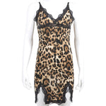 Lace Trim Leopard Nightdress V Neck Backless Side Split Slip Sleep Dress Women's Sexy Lingerie Sleepwear Nightgowns