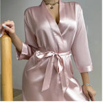 Pajamas women summer European and American ladies lace-up bathrobe sexy morning gown home dress can wear ice silk robe