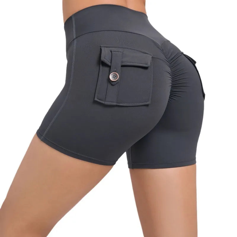 Women's Peach Lifting Yoga Shorts - High Waisted Stretchy Workout Shorts with Button Quick-Dry Tummy Control for Running Fitness
