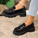 Women Patent Leather Platform Loafer Shoes Metal Buckle Decor Slip On Chunky Lug Sole Retro Preppy Casual Dress Shoes
