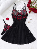 Lady's Sexy Lace Black Strapless Nightgown, Transparent Lace Nightgown, Floral Pattern with Strapless Transparent ZA825133