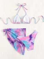 With Mesh Skirt Sarong Tie Dye Micro Bikini Women Swimsuit Female Swimwear Three Pieces Bikini Set Bathing Suit Swim Beachwear